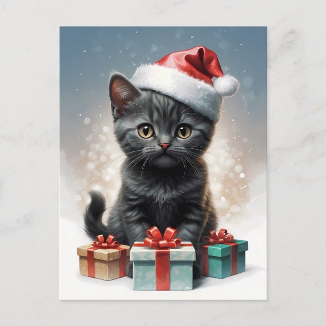 Cartão Postal gato bonito com a ilustração do chapéu de Santa (Frente)