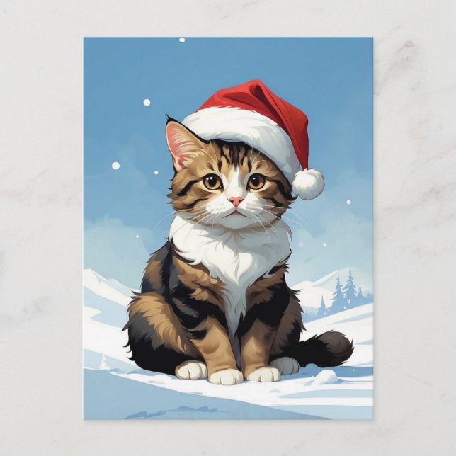 Cartão Postal gato bonito com a ilustração do chapéu de Santa (Frente)