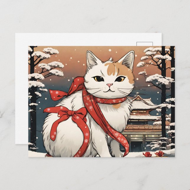 Cartão Postal gato bonito com templo japonês para amantes de gat (Frente/Verso)