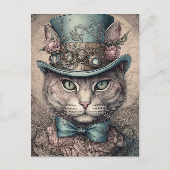 Cartão Postal Gato Bonito com Tofado Steampunk (Frente)