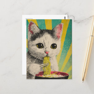 Cartão Postal Gato Bonito Comendo uma Tigela de Noodles