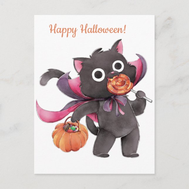Cartão Postal Gato Bonito de Halloween (Frente)