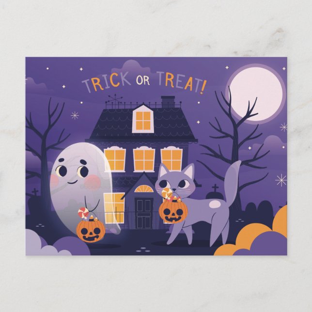 Cartão Postal Gato Bonito De Halloween E Fantasma (Frente)