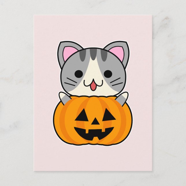 Cartão Postal Gato Bonito de Halloween em Jack o Lanterna (Frente)