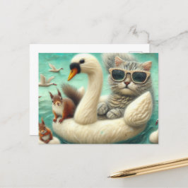 Cartão Postal Gato bonito e esquilos Boat Cisne Roubado