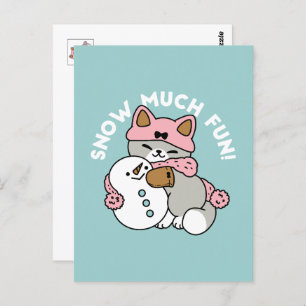 Cartão Postal Gato Bonito em Neve Gear com Arte Snowman