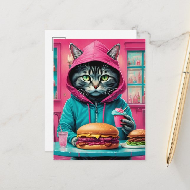 Cartão Postal Gato bonito no jantar com Banquete de cheeseburger (Frente/Verso In Situ)