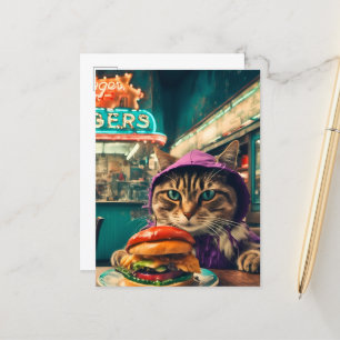 Cartão Postal Gato Bonito no Jantar com Cheeseburger