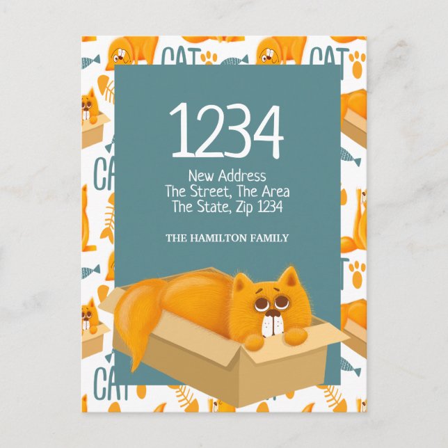 Cartão Postal Gato bonito numa caixa - Mudámos para casa (Frente)
