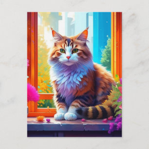 Cartão Postal Gato Bonito Sentado na Janela da Cidade Arte Ai