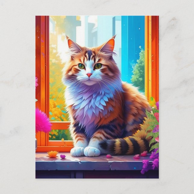 Cartão Postal Gato Bonito Sentado na Janela da Cidade Arte Ai (Frente)