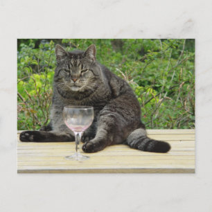 Cartão Postal Gato "Bram" na mesa com um copo de vinho