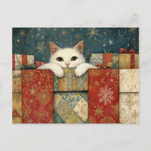 Cartão Postal Gato Branco Bonito Pavejando em presentes de Natal