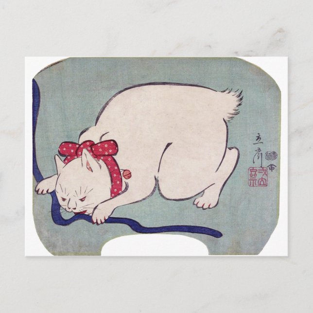 Cartão Postal Gato Branco brincando com uma corda, Hiroshige (Frente)