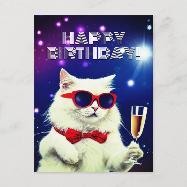 Cartão Postal Gato branco com óculos de sol a brindar Aniversári (Frente)