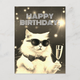 Cartão Postal Gato branco com óculos de sol brindando ao Anivers