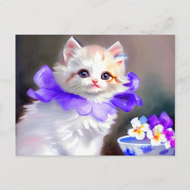 Cartão Postal Gato branco com pintura de colarinho de flores rox (Frente)