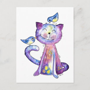 Cartão Postal Gato Branco e Roxo Cugado com Aves
