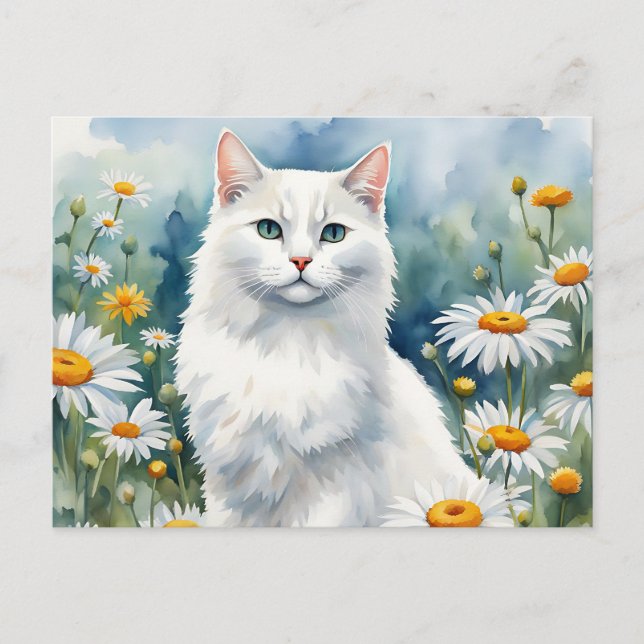 Cartão Postal Gato Branco Elegante Aquarela com Margaridas Flore (Frente)