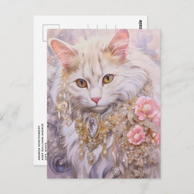 Cartão Postal Gato Branco Elegante em Dourado e Ouros (Frente/Verso)