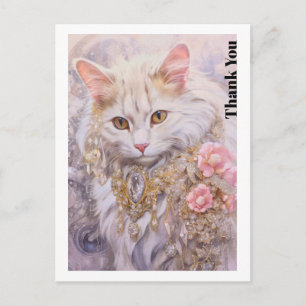 Cartão Postal Gato Branco Elegante em Ouro e Diamantes Obrigado