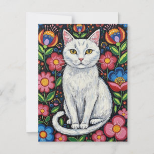 Cartão Postal Gato Branco em Flores de Arte Folclóricas