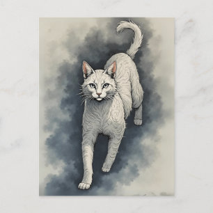 Cartão Postal Gato Branco em um Estilo de Desenho de Tinta Chine