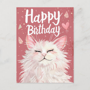 Cartão Postal Gato Branco Feliz Aniversário