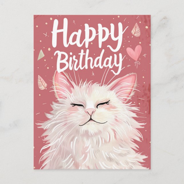 Cartão Postal Gato Branco Feliz Aniversário (Frente)