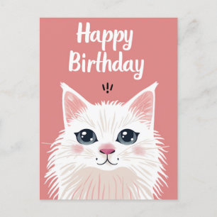 Cartão Postal Gato branco feliz aniversário