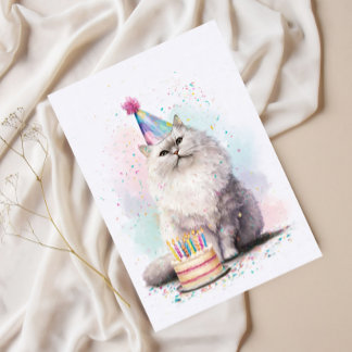 Cartão Postal Gato Branco Fofinho de Aniversário – Gato com Chap