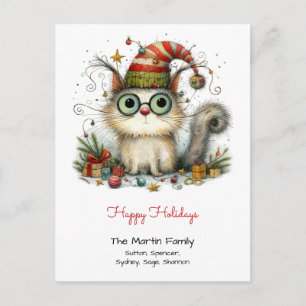 Cartão Postal Gato Branco Fofo em uma Touca de Meia Feliz Natal