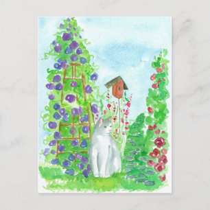 Cartão Postal Gato Branco Hollyhocks Roxos Flores de Aquarelas