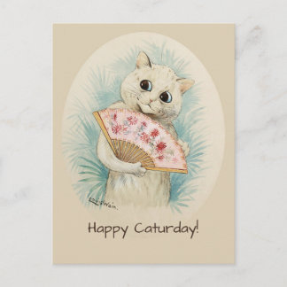 Cartão Postal Gato branco Louis Wain com fã Feliz Caturday