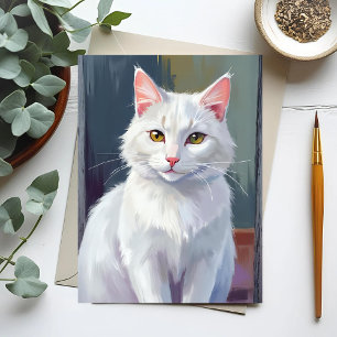 Cartão Postal Gato Branco Pintura de Gato em Aquarela