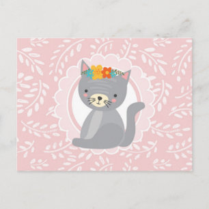 Cartão Postal Gato Branco Rosa-Rosa Gato-de-Cinza-branca