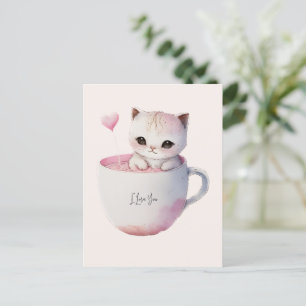 Cartão Postal Gato branco-rosado e bonito numa Taça de chá (4)