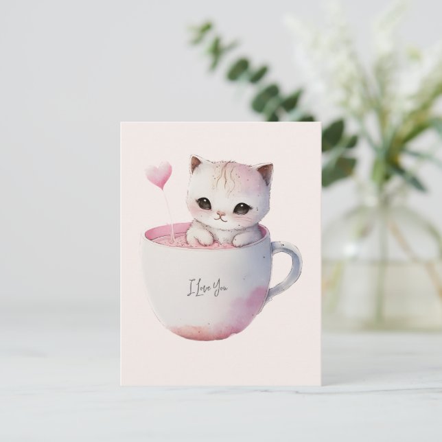 Cartão Postal Gato branco-rosado e bonito numa Taça de chá (4) (Em pé/Frente)