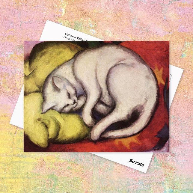 Cartão Postal Gato Branco sobre um Travesseiro Amarelo Franz Mar (Criador carregado)
