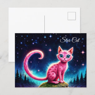 Cartão Postal Gato brilhante, longa cauda, arte de olhos azuis
