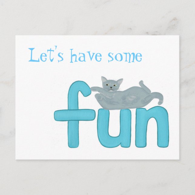 Cartão Postal Gato brincalhão deitado na palavra diversão, cartõ (Frente)
