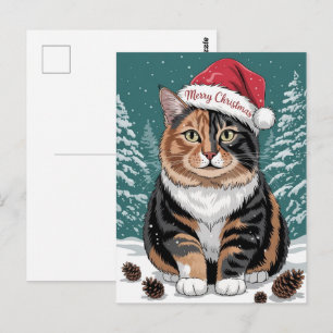 Cartão Postal Gato Calico Fofo Chapéu de Papai Noel Natal Alegre