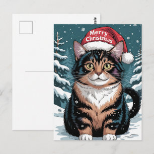 Cartão Postal Gato Calico Fofo Chapéu de Papai Noel Natal Alegre