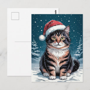 Cartão Postal Gato Calico Fofo Chapéu de Papai Noel Natal Alegre