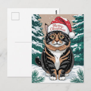 Cartão Postal Gato Calico Fofo Chapéu de Papai Noel Natal Alegre