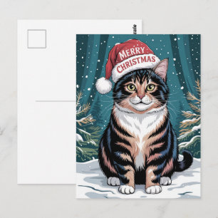 Cartão Postal Gato Calico Fofo Chapéu de Papai Noel Natal Alegre