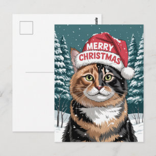 Cartão Postal Gato Calico Fofo Chapéu de Papai Noel Natal de Inv