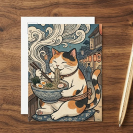 Cartão Postal Gato Calico Fofo Comendo Ramen Arte Japonesa