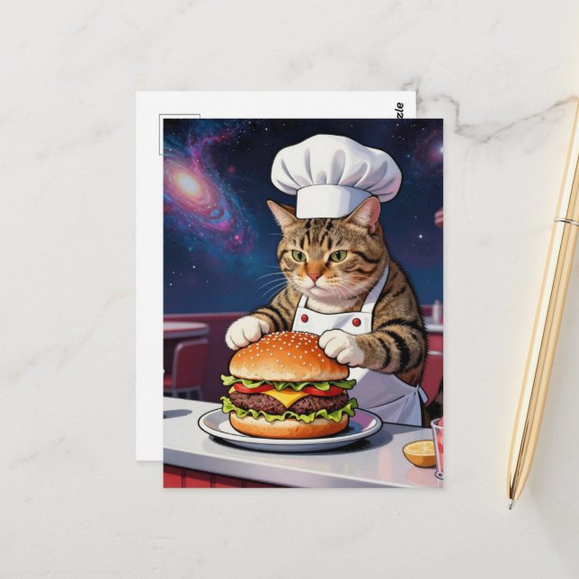 Cartão Postal Gato Chef Cute Fazendo Hambúrguer de Queijo no Esp (Frente/Verso In Situ)
