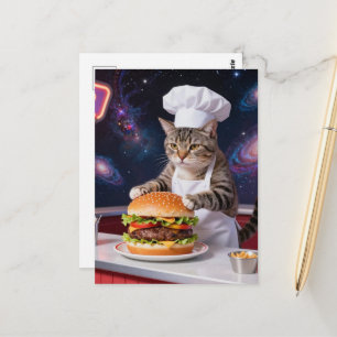 Cartão Postal Gato Chef Tabby Cinza Fofo Fazendo Cheeseburger